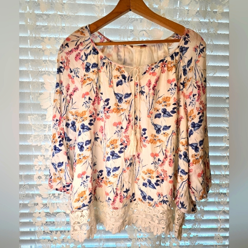 Style & Co Petite, Womens PL, Floral Short Sleeve Blouse, Boho Floral Top